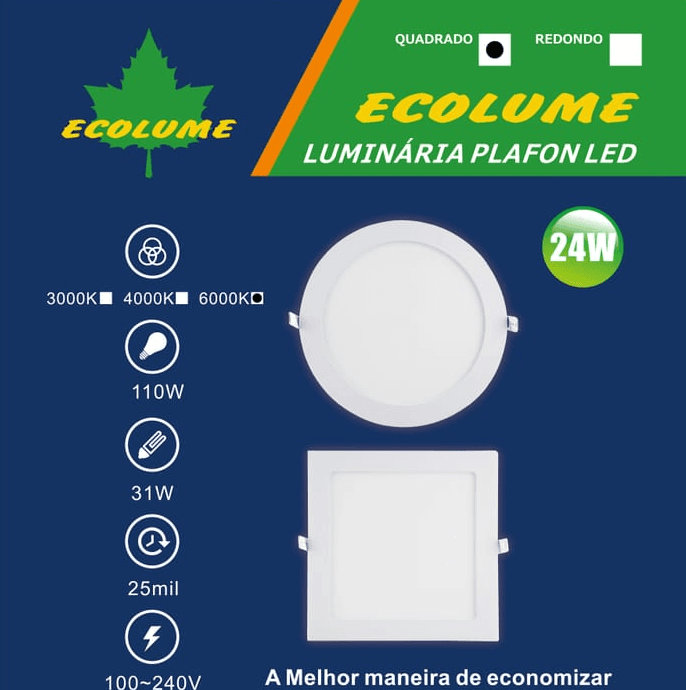 Nova embalagem Ecolume — Plafon LED quadrado 24W